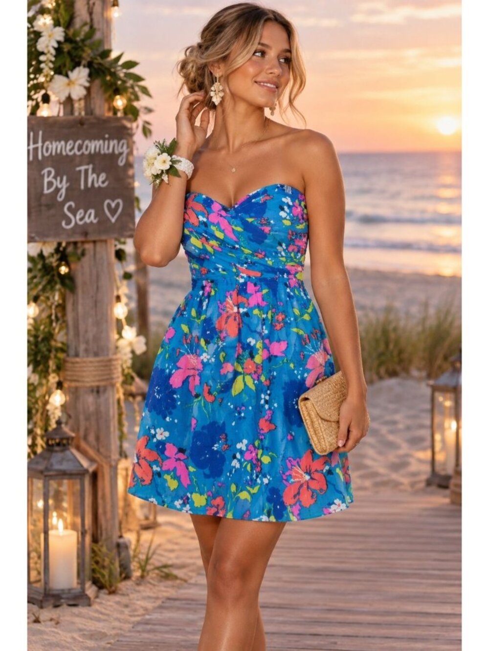Shoshanna Blue Floral Strapless Dress sz 6 100% Silk Hoco Party Beach Wedding